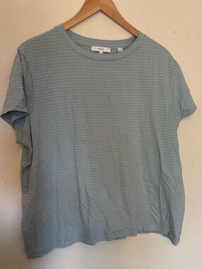 Vince Cotton Linen Blend T Shirt in teal and white stripe